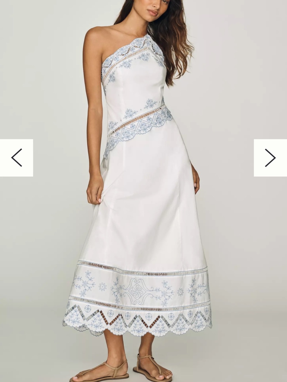 One-Shoulder White Dress with Blue Embroidered Trim